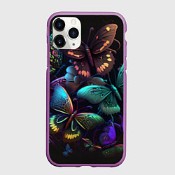 Чехол iPhone 11 Pro матовый Разные неоновые бабочки, цвет: 3D-фиолетовый