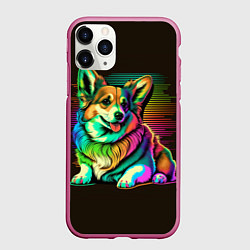 Чехол iPhone 11 Pro матовый Неоновый корги, цвет: 3D-малиновый