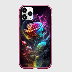 Чехол iPhone 11 Pro матовый Неоновая бабочка над большой розой, цвет: 3D-малиновый