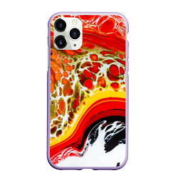 Чехол iPhone 11 Pro матовый Брызги краски - красные, оранжевые разводы, цвет: 3D-светло-сиреневый