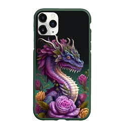 Чехол iPhone 11 Pro матовый Неоновый дракон с цветами, цвет: 3D-темно-зеленый