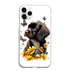 Чехол iPhone 11 Pro матовый Черный щенок и жёлтые полевые цветы, цвет: 3D-белый