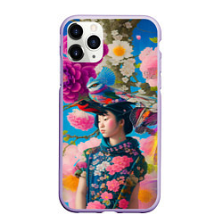 Чехол iPhone 11 Pro матовый Девочка с птицами среди цветов - мскусство