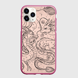 Чехол iPhone 11 Pro матовый Дракон - унесенные призраками: тату на бежевом, цвет: 3D-малиновый