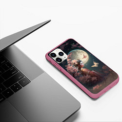 Чехол iPhone 11 Pro матовый Девушка в сакуре под луной, цвет: 3D-малиновый — фото 2