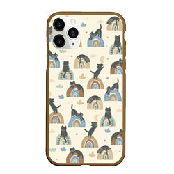 Чехол iPhone 11 Pro матовый Котики на радуге - паттерн, цвет: 3D-коричневый