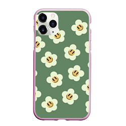 Чехол iPhone 11 Pro матовый Цветочки-смайлики: темно-зеленый паттерн, цвет: 3D-розовый