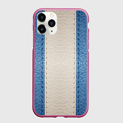 Чехол iPhone 11 Pro матовый Кожа синяя белая, цвет: 3D-малиновый