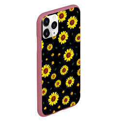 Чехол iPhone 11 Pro матовый Желтые ромашки на черном, цвет: 3D-малиновый — фото 2