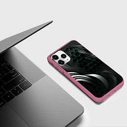 Чехол iPhone 11 Pro матовый Объемные бирюзовые плиты и черные линии, цвет: 3D-малиновый — фото 2