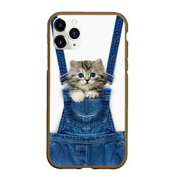 Чехол iPhone 11 Pro матовый Котенок в кармане комбинезона, цвет: 3D-коричневый