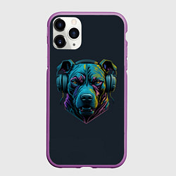 Чехол iPhone 11 Pro матовый Питбуль в наушниках, цвет: 3D-фиолетовый