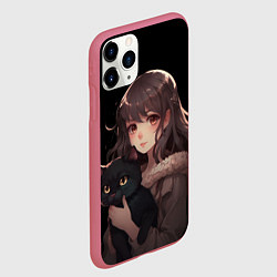 Чехол iPhone 11 Pro матовый Девушка с черным котенком, цвет: 3D-малиновый — фото 2