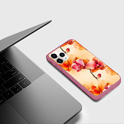 Чехол iPhone 11 Pro матовый Акварельные цветы - персиковый паттерн, цвет: 3D-малиновый — фото 2