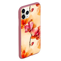 Чехол iPhone 11 Pro матовый Акварельные цветы - персиковый паттерн, цвет: 3D-малиновый — фото 2