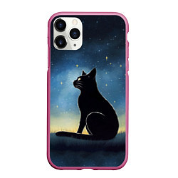 Чехол iPhone 11 Pro матовый Черный кот и звезды - акварель, цвет: 3D-малиновый