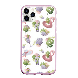 Чехол iPhone 11 Pro матовый Пляжный паттерн с коктейлями и фламинго, цвет: 3D-розовый