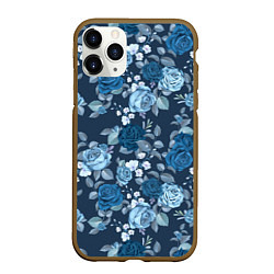 Чехол iPhone 11 Pro матовый Голубые розы паттерн, цвет: 3D-коричневый