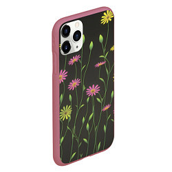 Чехол iPhone 11 Pro матовый Полевые цветочки на темном фоне, цвет: 3D-малиновый — фото 2