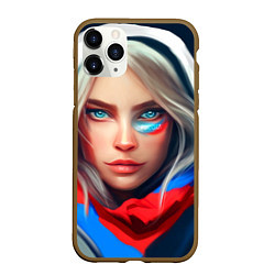 Чехол iPhone 11 Pro матовый Девушка с голубыми глазами в флаге, цвет: 3D-коричневый