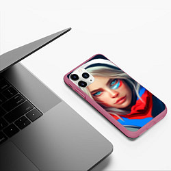 Чехол iPhone 11 Pro матовый Девушка с голубыми глазами в флаге, цвет: 3D-малиновый — фото 2