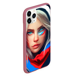 Чехол iPhone 11 Pro матовый Девушка с голубыми глазами в флаге, цвет: 3D-малиновый — фото 2