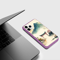 Чехол iPhone 11 Pro матовый Японский пейзаж - акварель, цвет: 3D-фиолетовый — фото 2