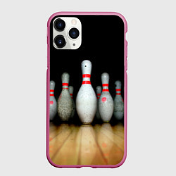 Чехол iPhone 11 Pro матовый Боулинг - кегли на дорожке, цвет: 3D-малиновый