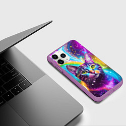 Чехол iPhone 11 Pro матовый Полосатый кот с разноцветной звездной туманностью, цвет: 3D-фиолетовый — фото 2