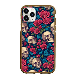 Чехол iPhone 11 Pro матовый Черепа и красные розы, цвет: 3D-коричневый