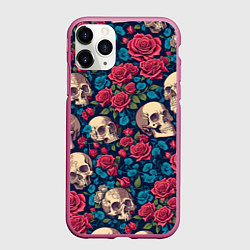 Чехол iPhone 11 Pro матовый Черепа и красные розы, цвет: 3D-малиновый