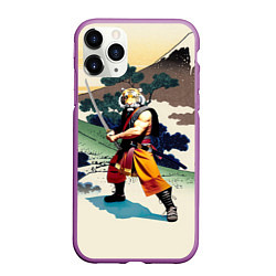 Чехол iPhone 11 Pro матовый Tiger samurai - Japan - neural network, цвет: 3D-фиолетовый