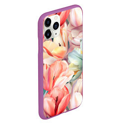 Чехол iPhone 11 Pro матовый Разноцветные пастельные тюльпаны - паттерн, цвет: 3D-фиолетовый — фото 2