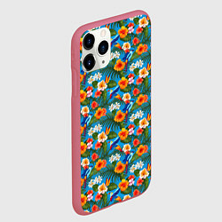 Чехол iPhone 11 Pro матовый Яркие цветы на голубом фоне, цвет: 3D-малиновый — фото 2