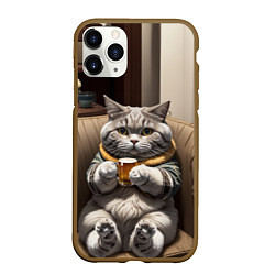 Чехол iPhone 11 Pro матовый Кот сидит на диване с напитком, цвет: 3D-коричневый