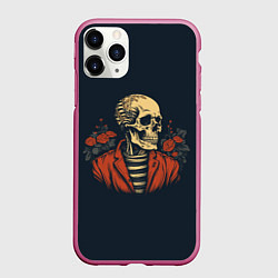 Чехол iPhone 11 Pro матовый Череп с розами в тельняшке, цвет: 3D-малиновый
