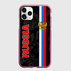 Чехол iPhone 11 Pro матовый Russia black style, цвет: 3D-малиновый