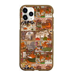 Чехол iPhone 11 Pro матовый Коллаж из сказочных зверей - совы, белки, ёжики, цвет: 3D-коричневый