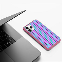 Чехол iPhone 11 Pro матовый Розово-голубой неновый полосатый узор, цвет: 3D-малиновый — фото 2
