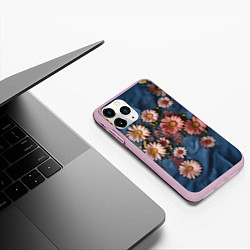 Чехол iPhone 11 Pro матовый Хризантемы на джинсе, цвет: 3D-розовый — фото 2