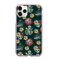 Чехол iPhone 11 Pro матовый Скелеты и черепа среди цветов