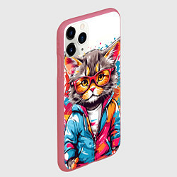 Чехол iPhone 11 Pro матовый Котик в очках - брызги красок, цвет: 3D-малиновый — фото 2