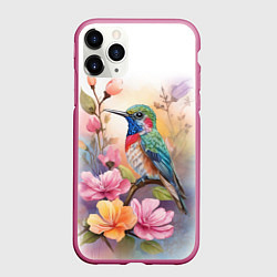 Чехол iPhone 11 Pro матовый Колибри и цветы - акварель, цвет: 3D-малиновый