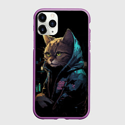 Чехол iPhone 11 Pro матовый Кот в стиле киберпанк, цвет: 3D-фиолетовый