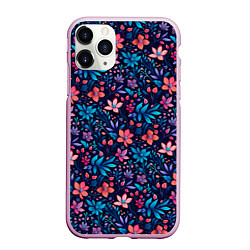 Чехол iPhone 11 Pro матовый Цветочный паттерн в синих и сиреневых тонах, цвет: 3D-розовый