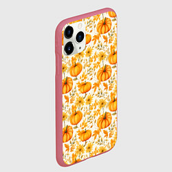 Чехол iPhone 11 Pro матовый Тыквы и осенние цветы - паттерн, цвет: 3D-малиновый — фото 2
