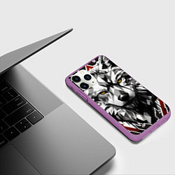 Чехол iPhone 11 Pro матовый Черный волк - полигональная голова зверя, цвет: 3D-фиолетовый — фото 2
