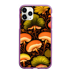 Чехол iPhone 11 Pro матовый Грибы с листвой узор, цвет: 3D-фиолетовый