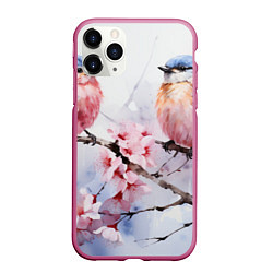 Чехол iPhone 11 Pro матовый Птицы в ветвях сакуры акварель