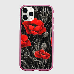 Чехол iPhone 11 Pro матовый Красные маки на темном фоне, цвет: 3D-малиновый